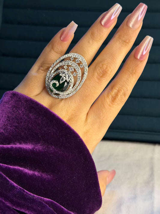 Emerald Seraph Swirl Silver Plated Premium Ring (Adjustable)