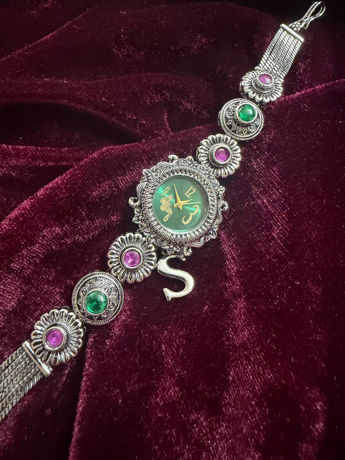 Regal Emerald Shringar Silver-Tone Navratri Oxidised Heritage Watch