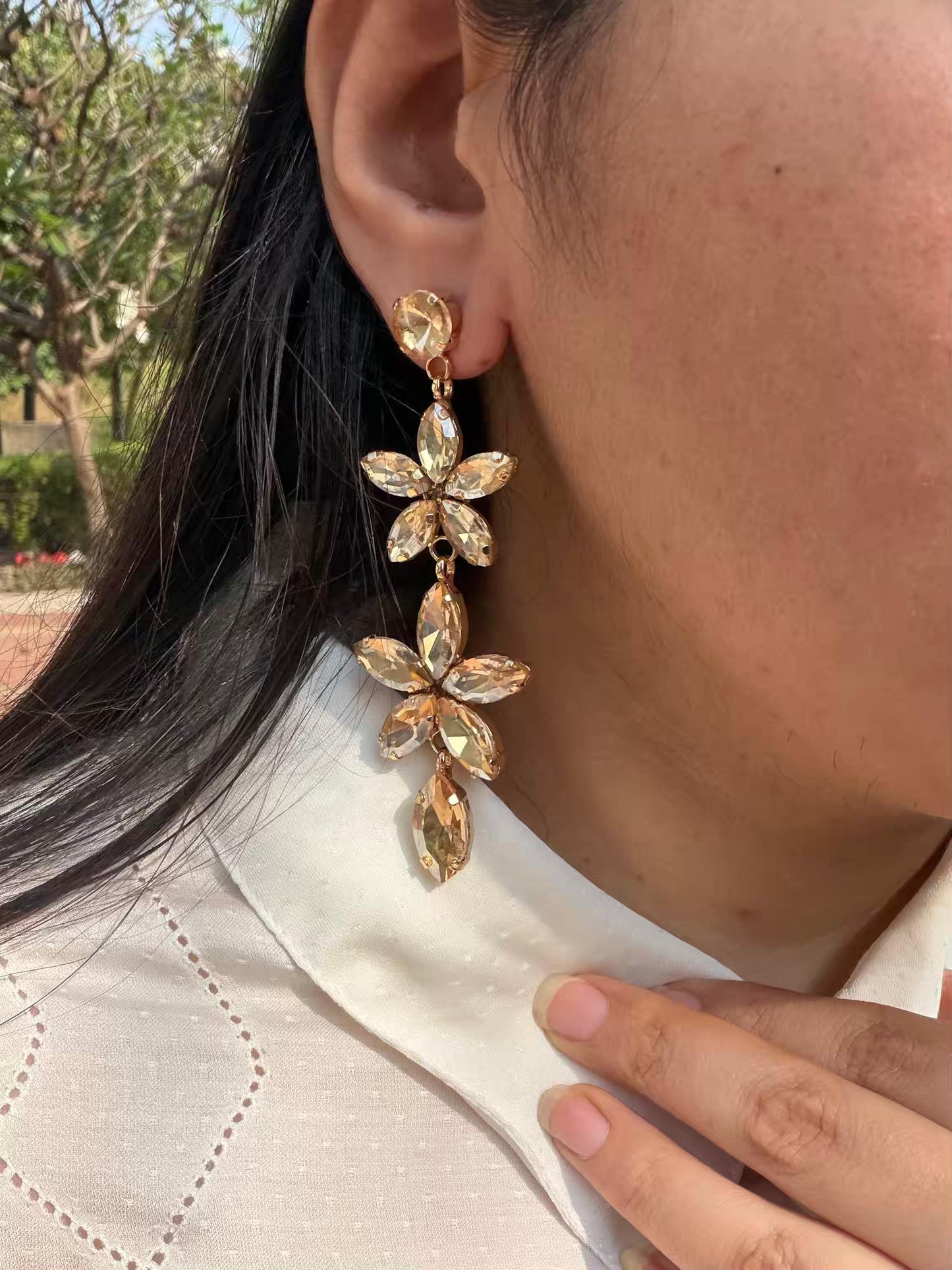 Golden Flower Shaped Long Gold Plated Earrings