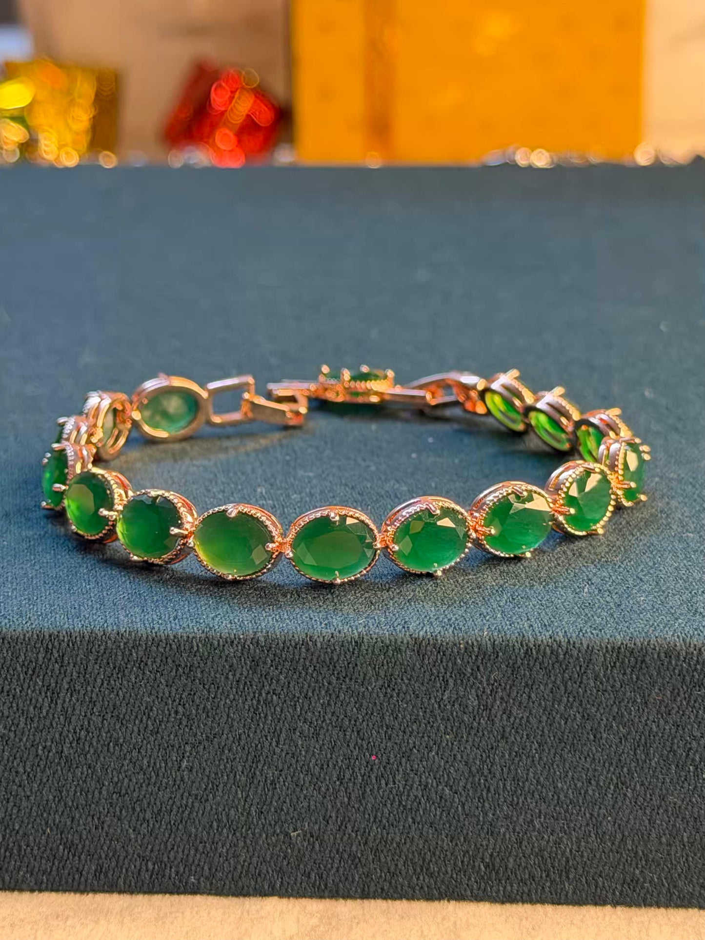 Emerald Green Oval Gold Plated Tennis Bracelet