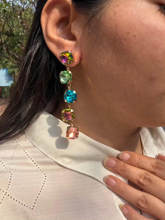 Multi Colour Square Stones Gold Plated Earrings