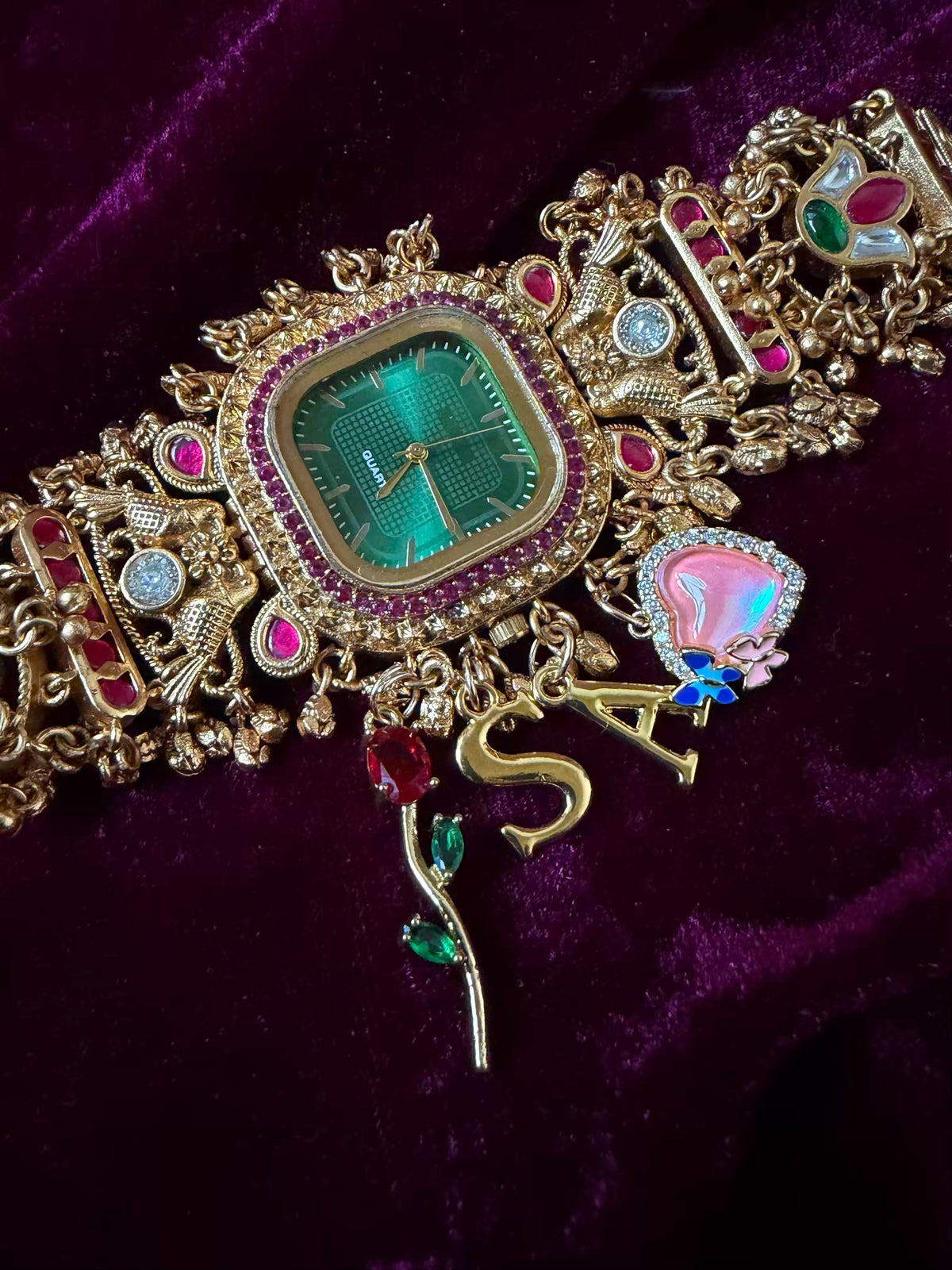 Emerald Green Square Dial Ruby Halo Floral Charm Maharani Watch Bracelet