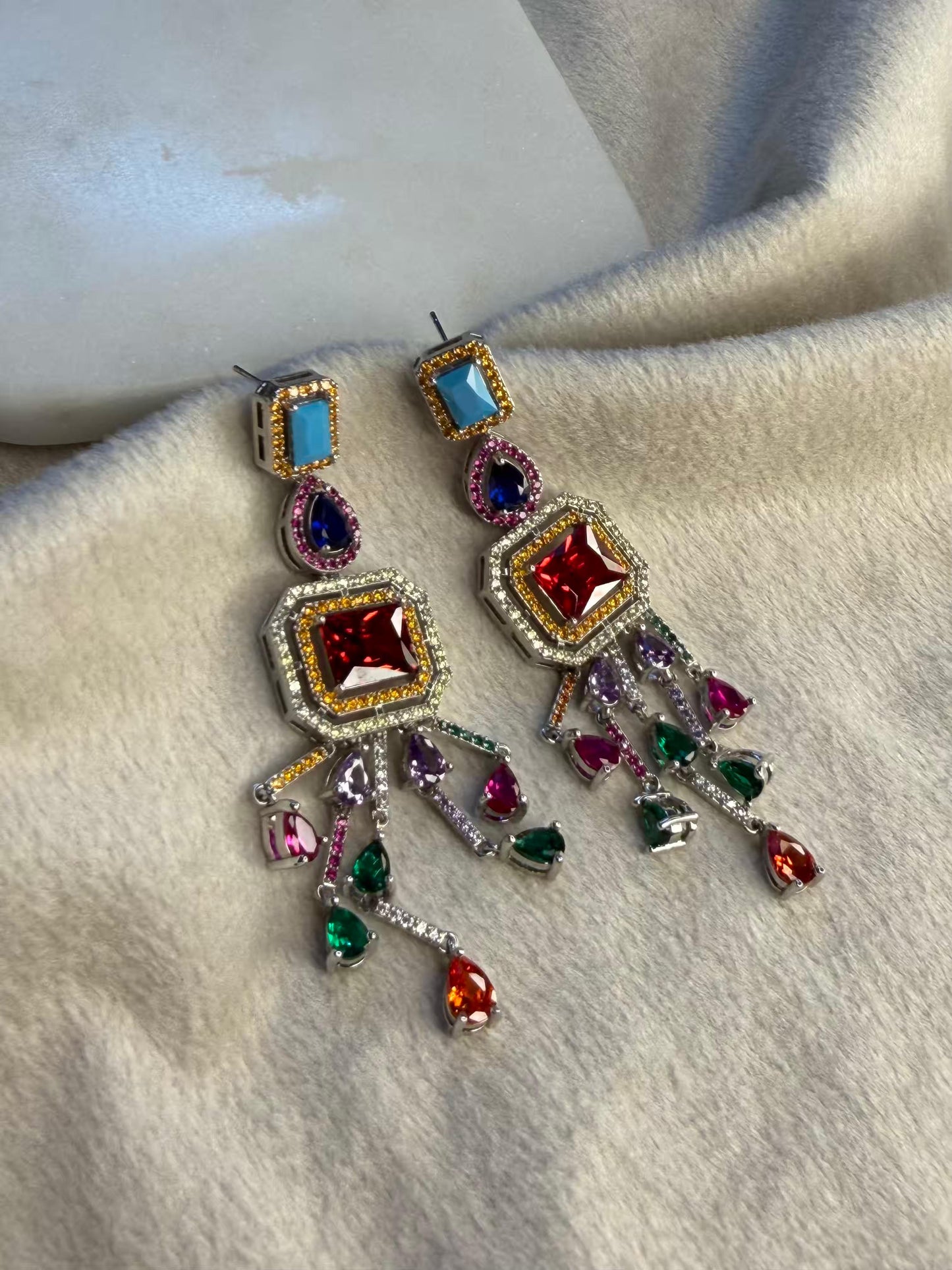 Royal Ruby & Multi-Gem Symphony Luxury Party Wedding Rhodium Silver Plating Earrings