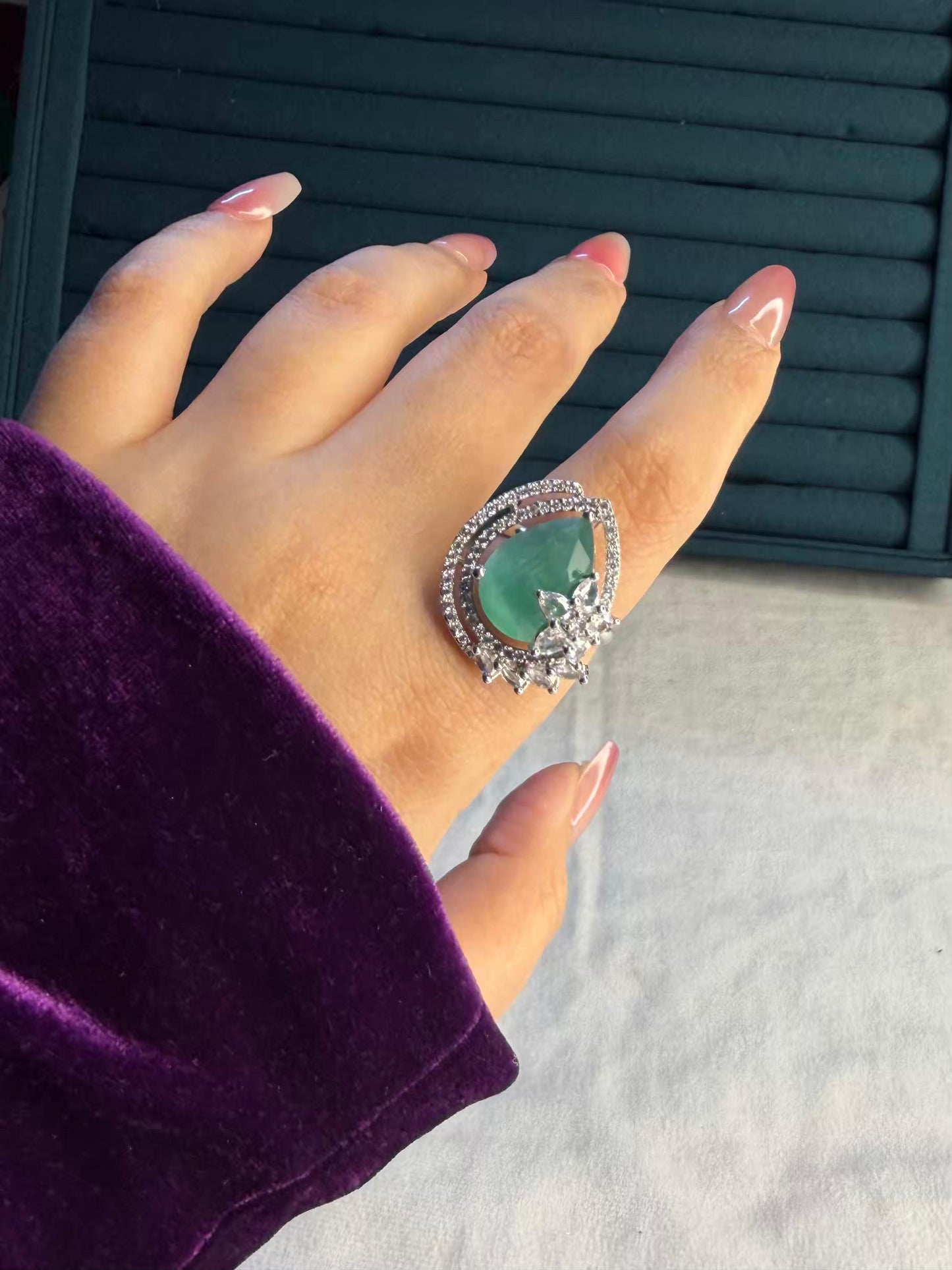Pastel Green Stone Silver Plated Premium Ring (Adjustable)