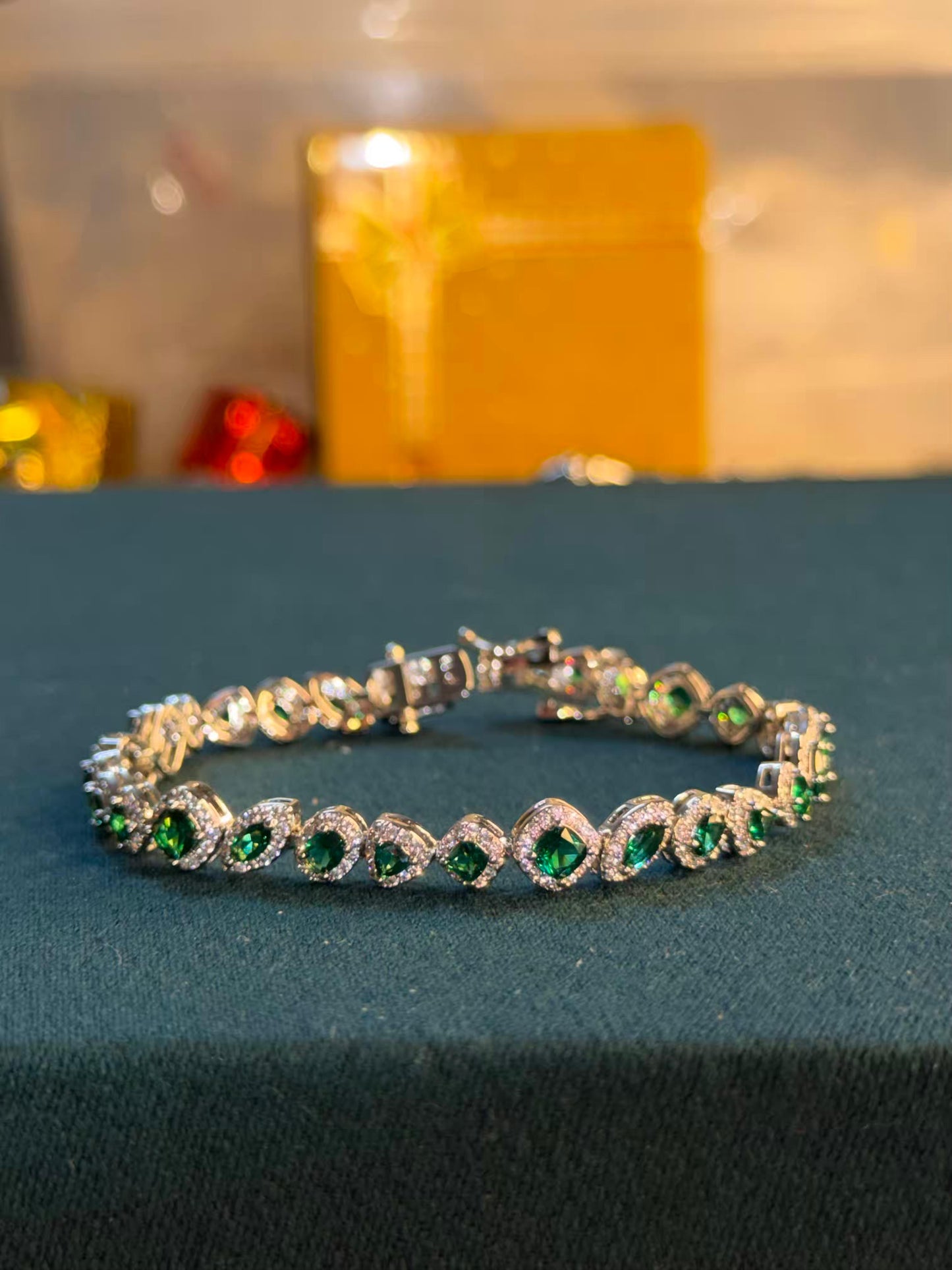 Emerald Halo Shaped Silver Plated Tennis Bracelet