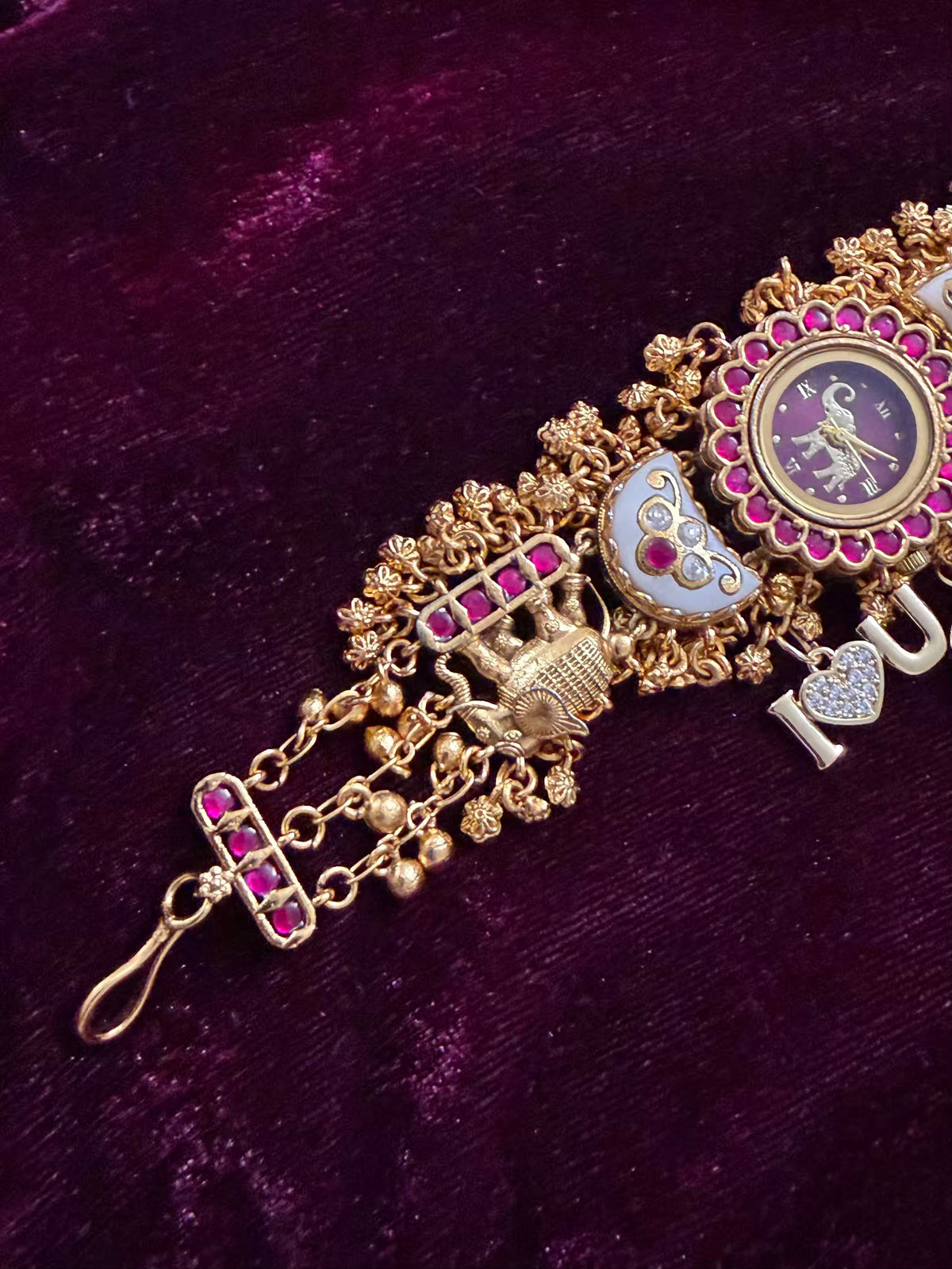 I Love You Mama Pink Stone Elephant Heritage Watch with Initials – Maharani Watch Bracelet