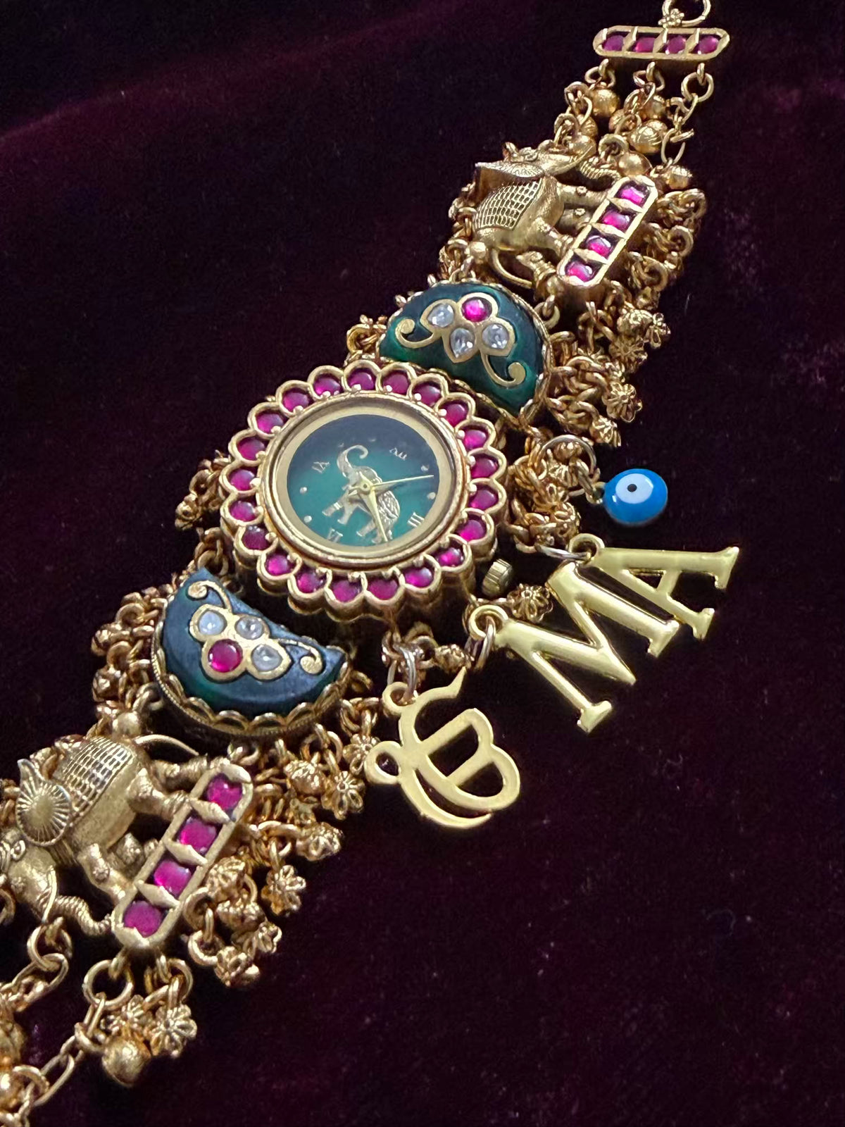 Emerald Green Ruby Halo Round Dial Evil Eye Charm Heritage Maharani Watch Bracelet