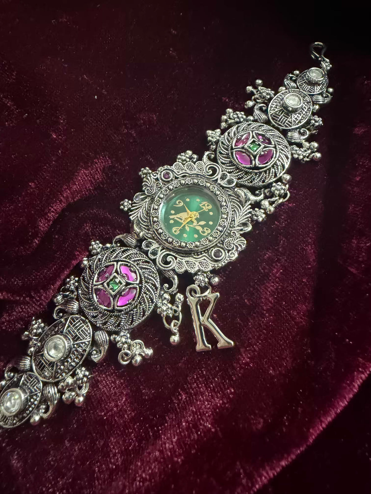 Rajasthani Emerald Royalty Silver-Tone Navratri Oxidised Heritage Watch