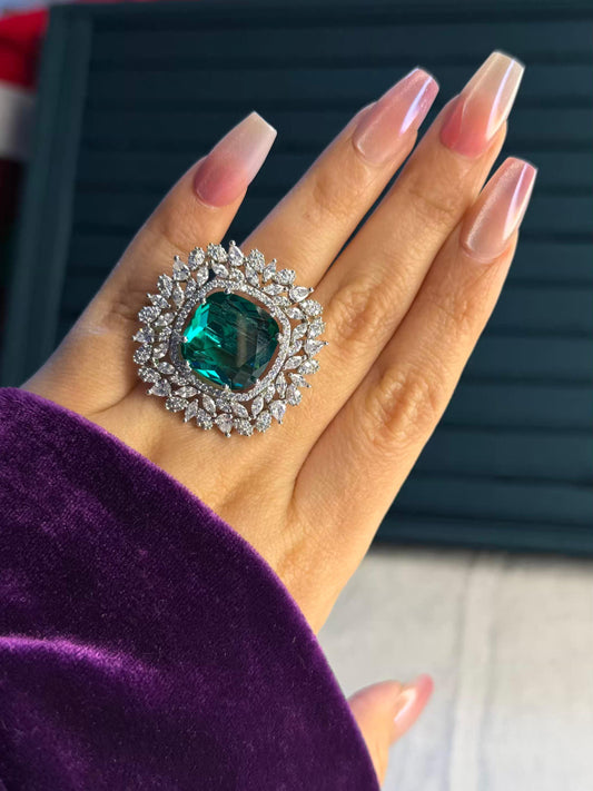 Green Square Diamond Edge Statement Silver Plated Premium Ring (Adjustable)