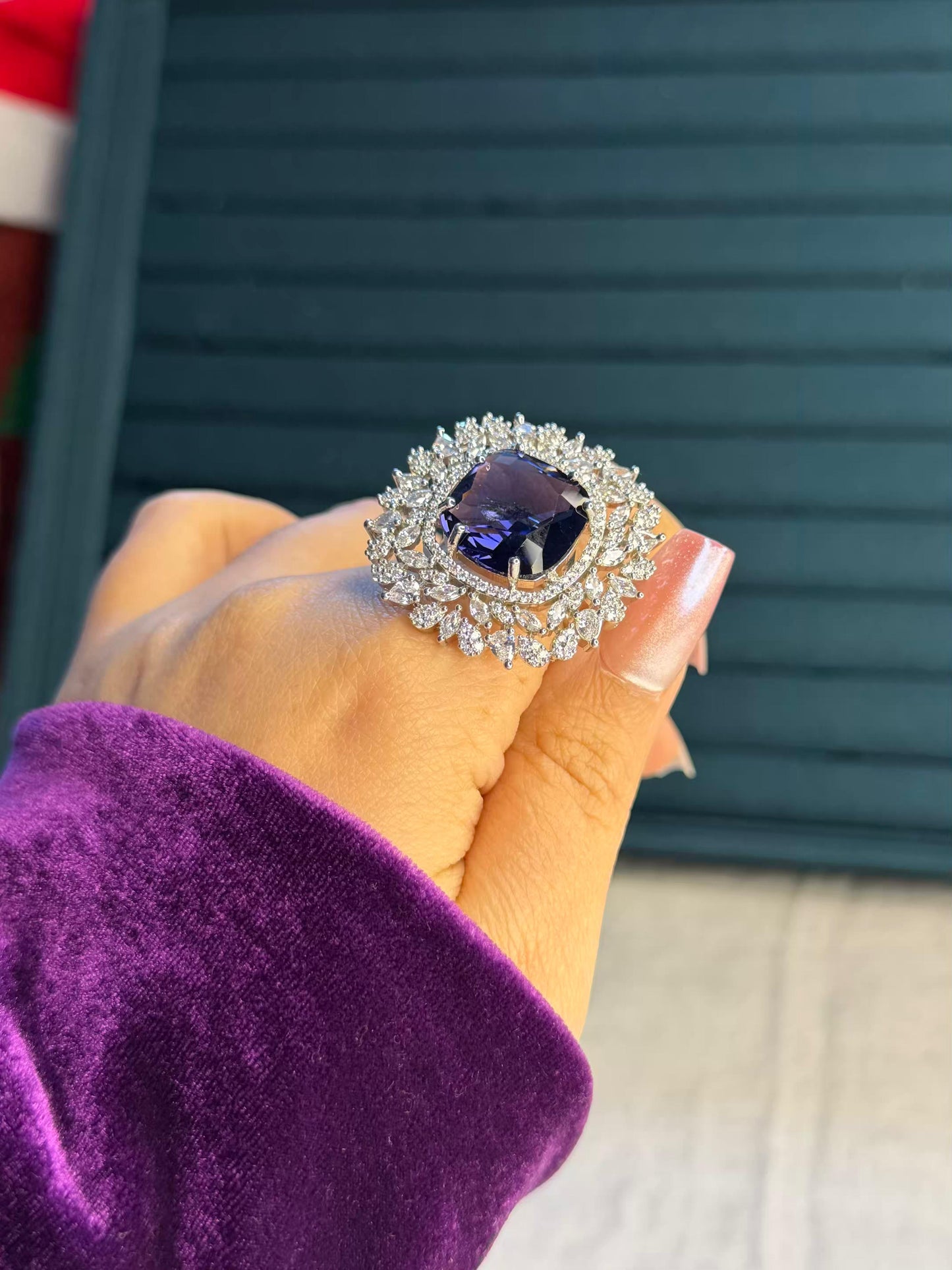 Purple Crystal Petals Edge Silver Plated Premium Ring (Adjustable)