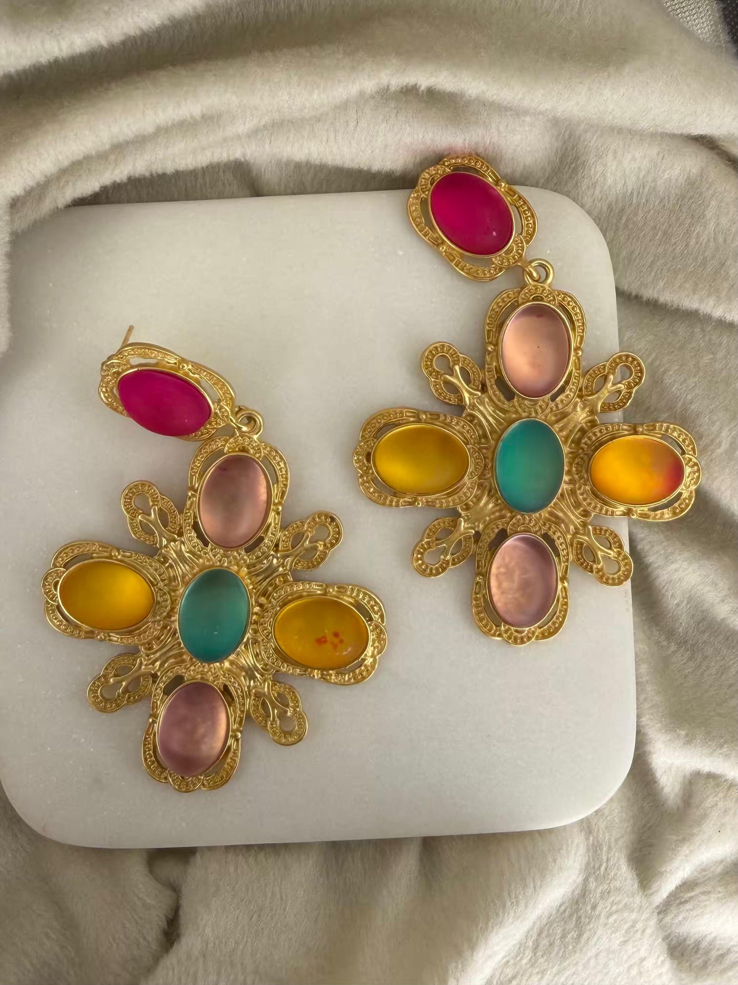 Multiple Coloured Stones Gold Plated Earrings