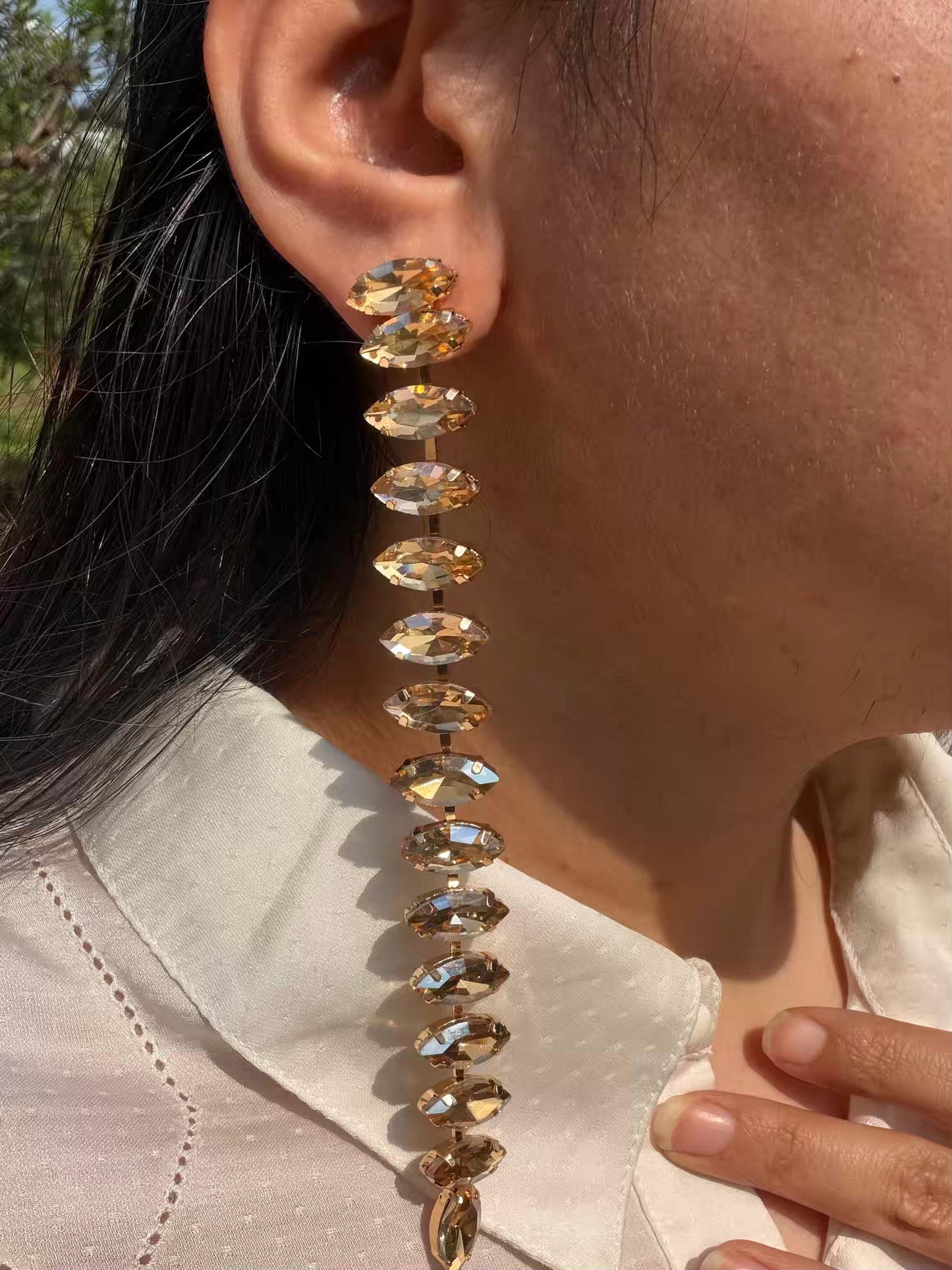 Golden Colour Stones Layers Long Gold Plated Earrings