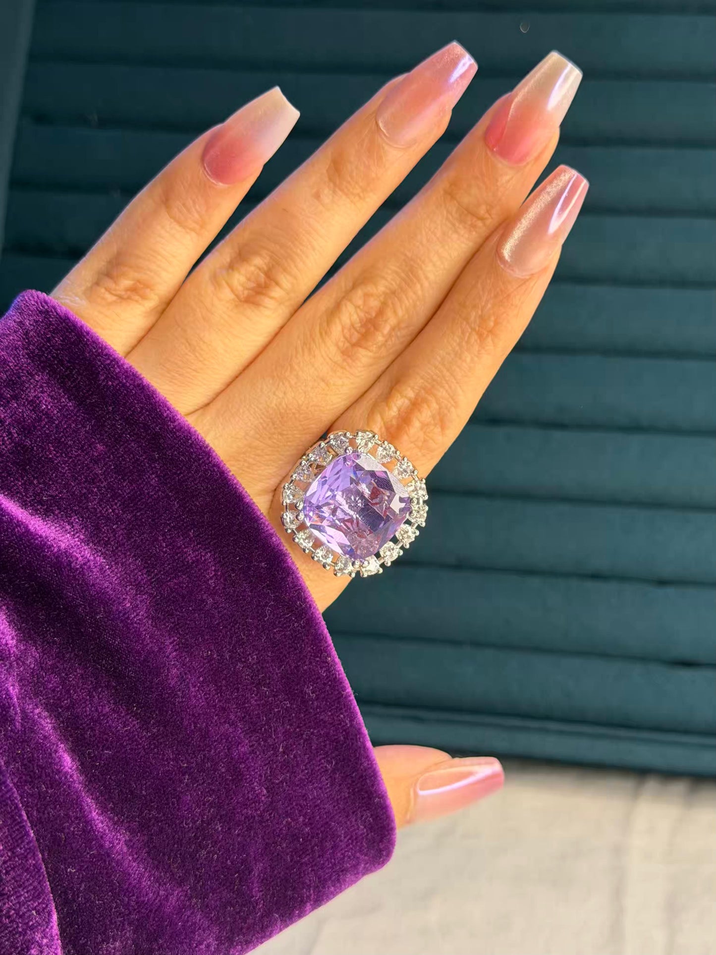 Purple Square Shape Stone Silver Plated Premium Ring (Adjustable)