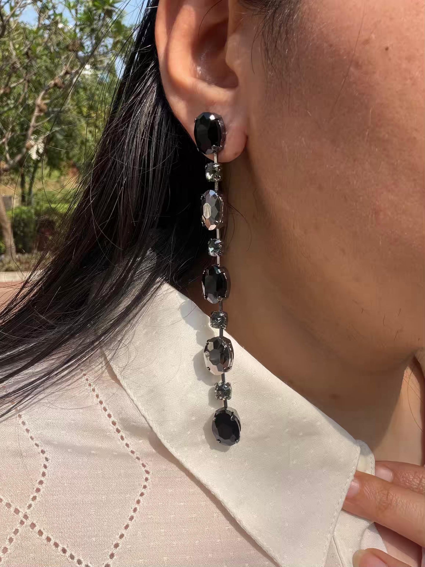 Black And Silver Stone Gold Plated Earrings