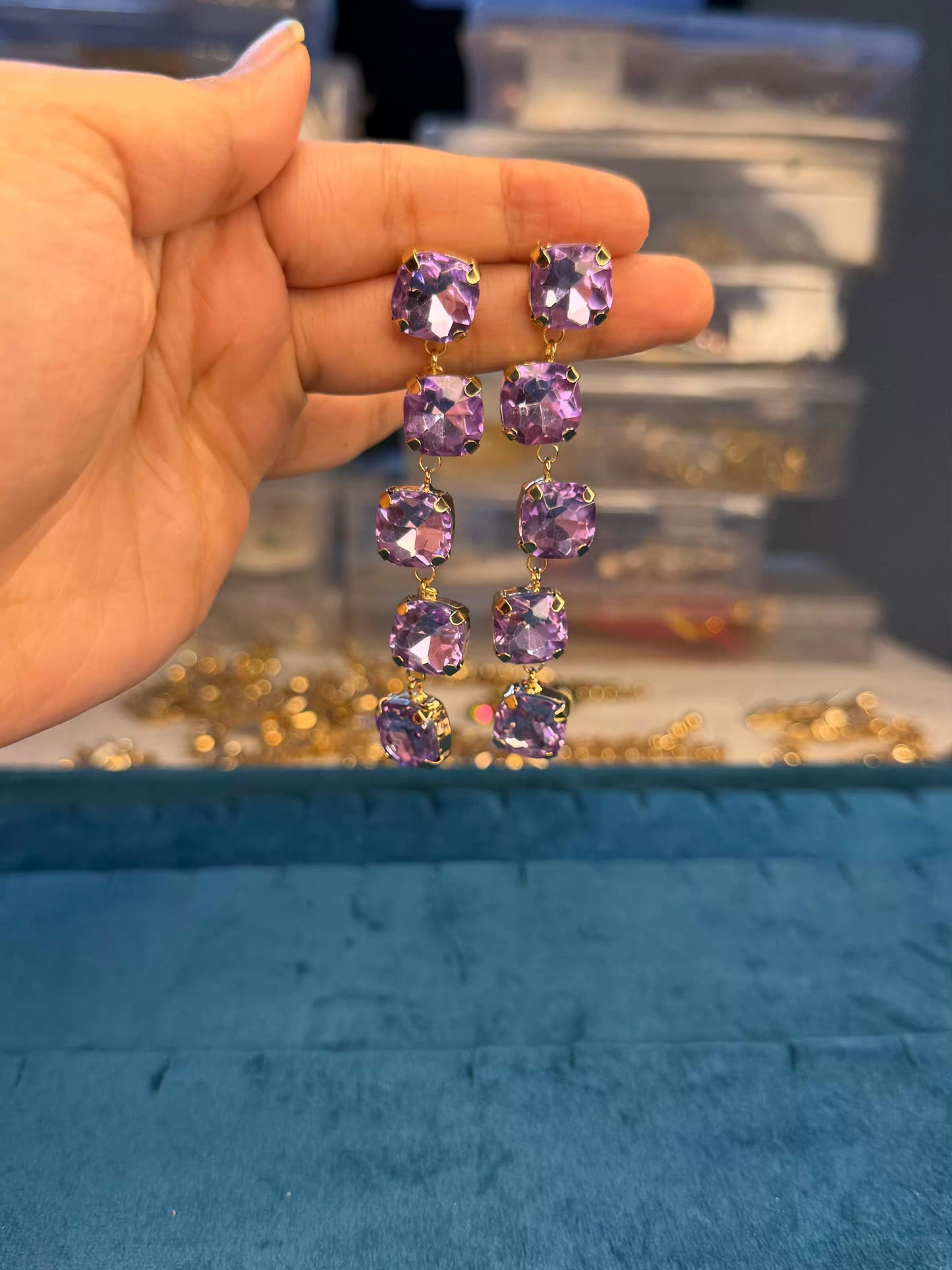 Purple Long Gold Plated Earrings