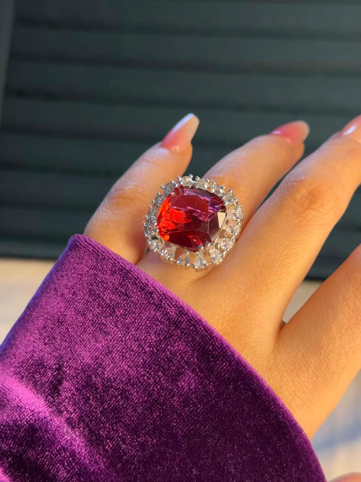 Red Square Statement Silver Plated Premium Ring (Adjustable)