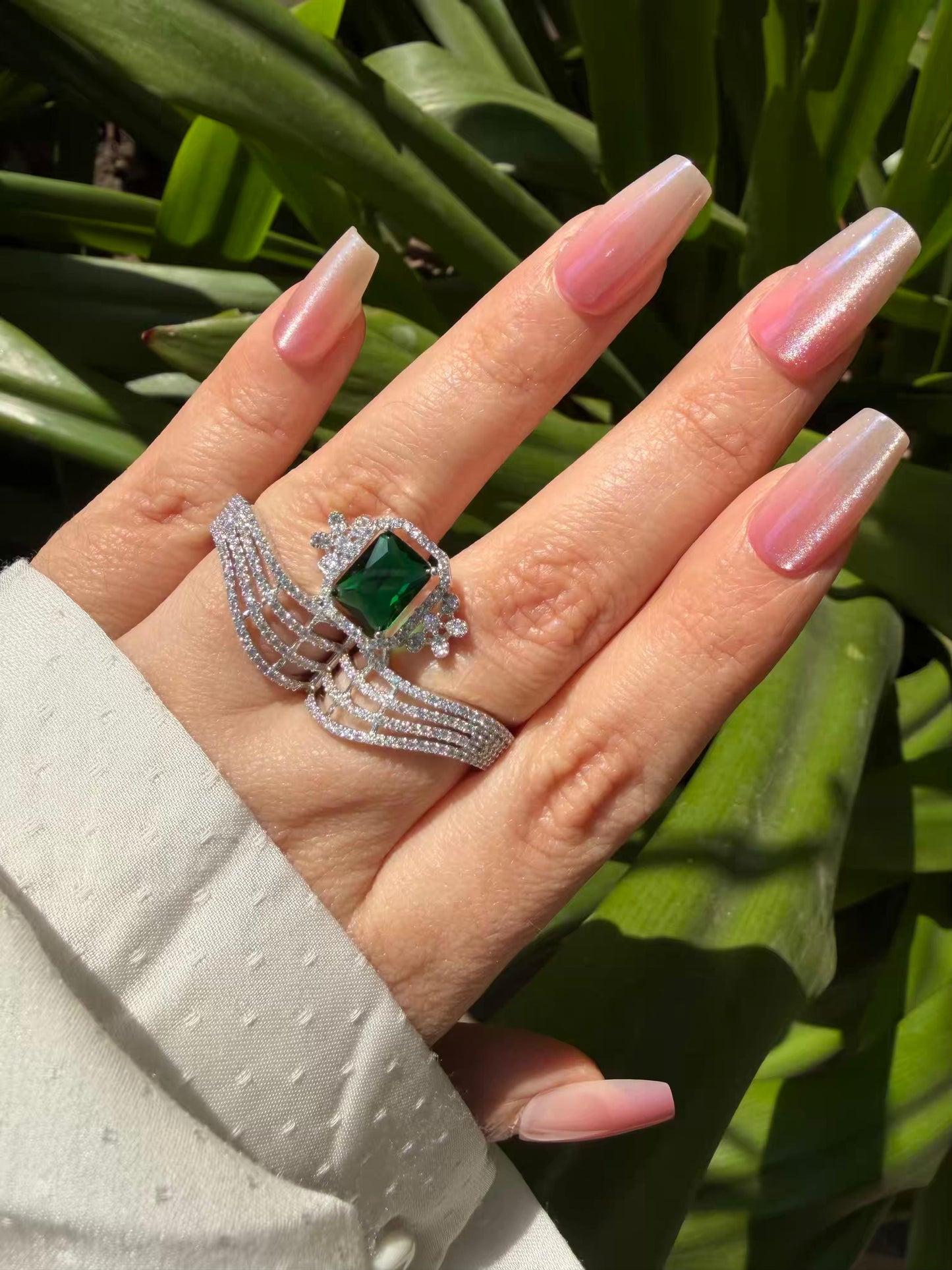 Cocktail Green Stone Silver Plated Rings