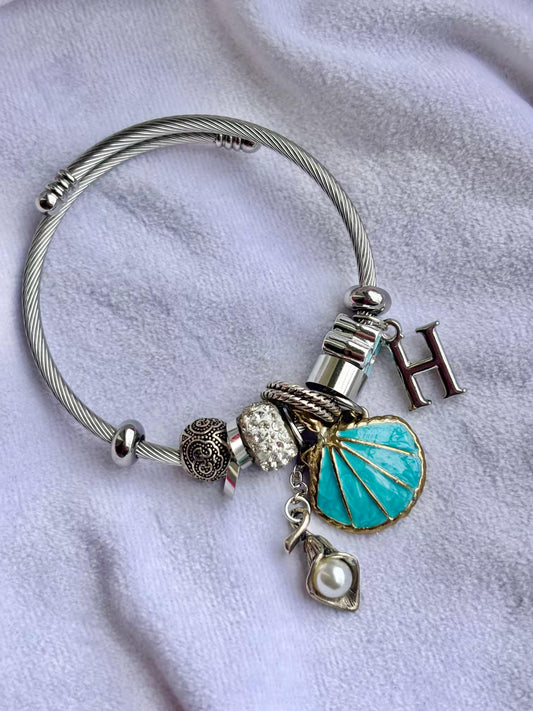 Pandora Charms Coral Blue Bracelet With Customised Initial ( Silver )
