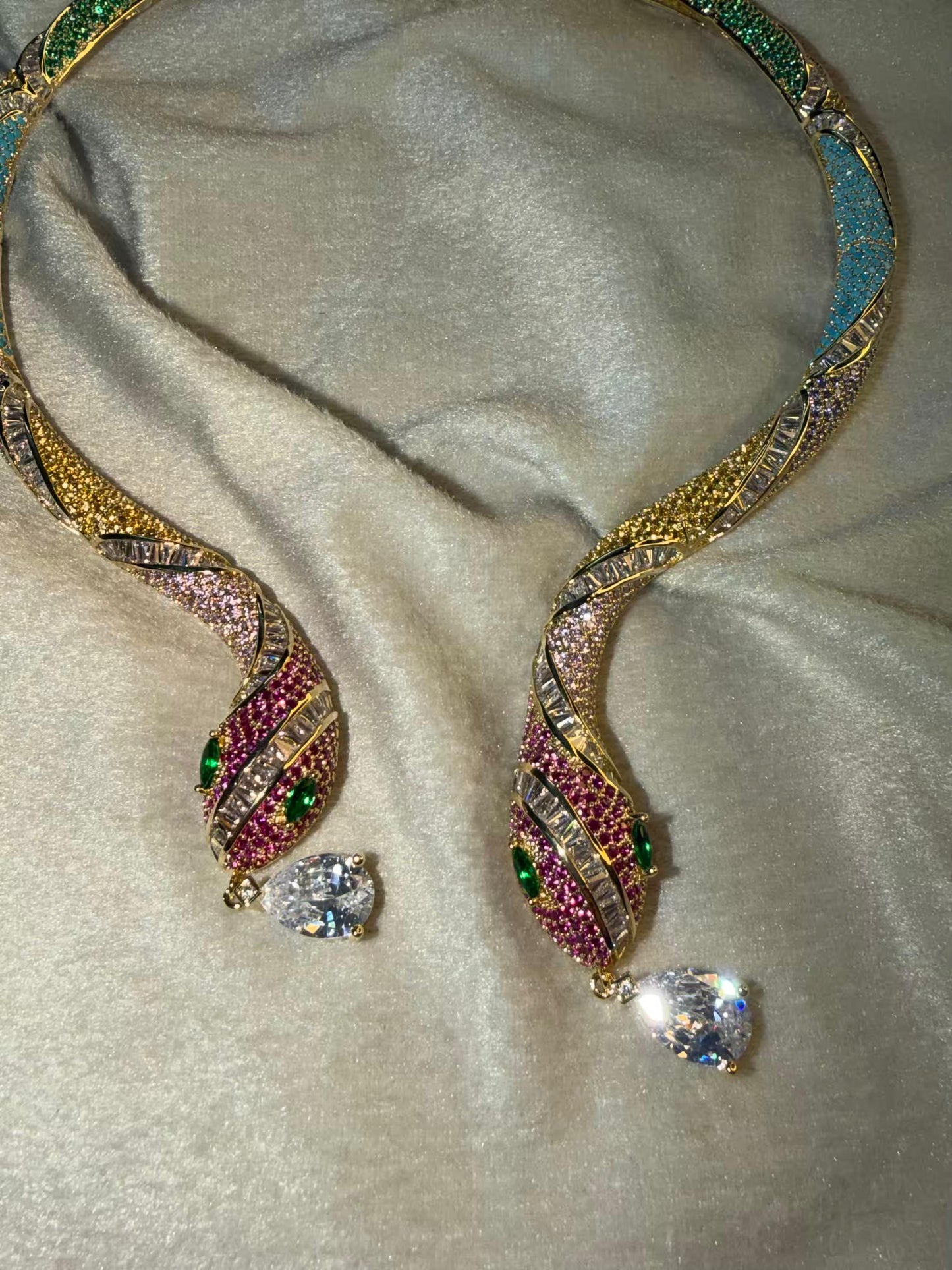 Serpentine Multicoloured Necklace, Bracelet, Earrings and Ring Full set Premium Gold Rhodium