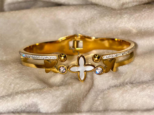 For Thin Wrist White Studded Clover Bangle 18K Gold plated Premium Bangle 2.2 - 2.4 Size