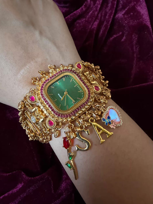 Emerald Green Square Dial Ruby Halo Floral Charm Maharani Watch Bracelet