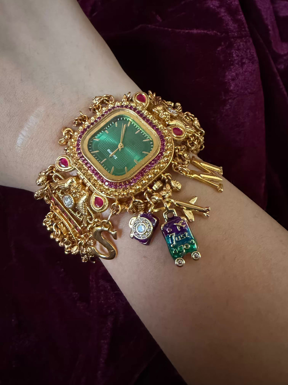 Emerald Green Stone Pink Halo Square Dial Maharani Watch Bracelet