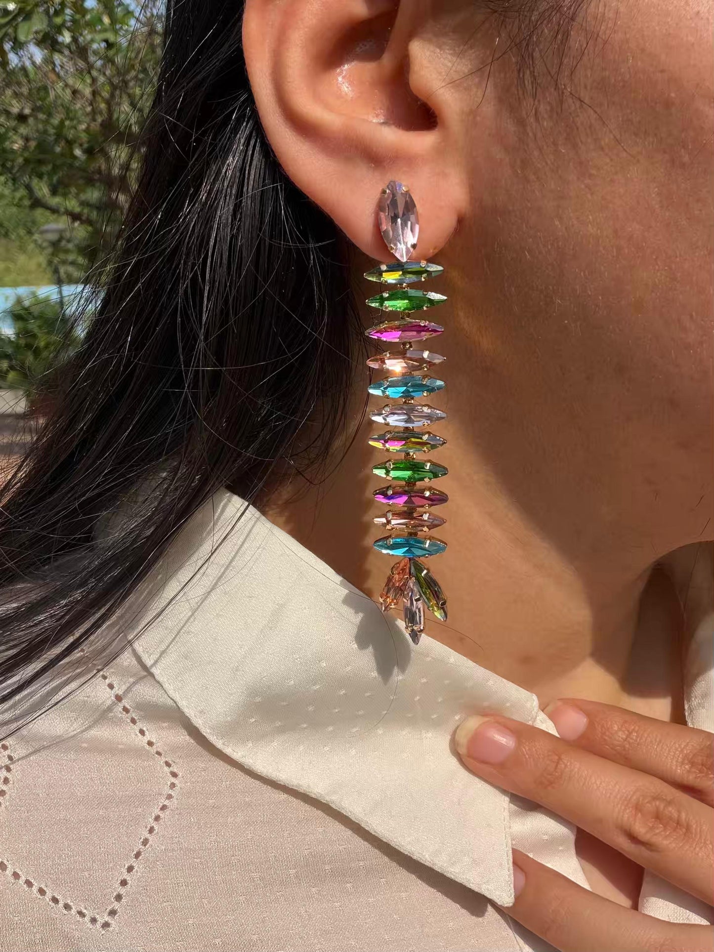 Long Stone Chain Multicolour Gold Plated Earrings