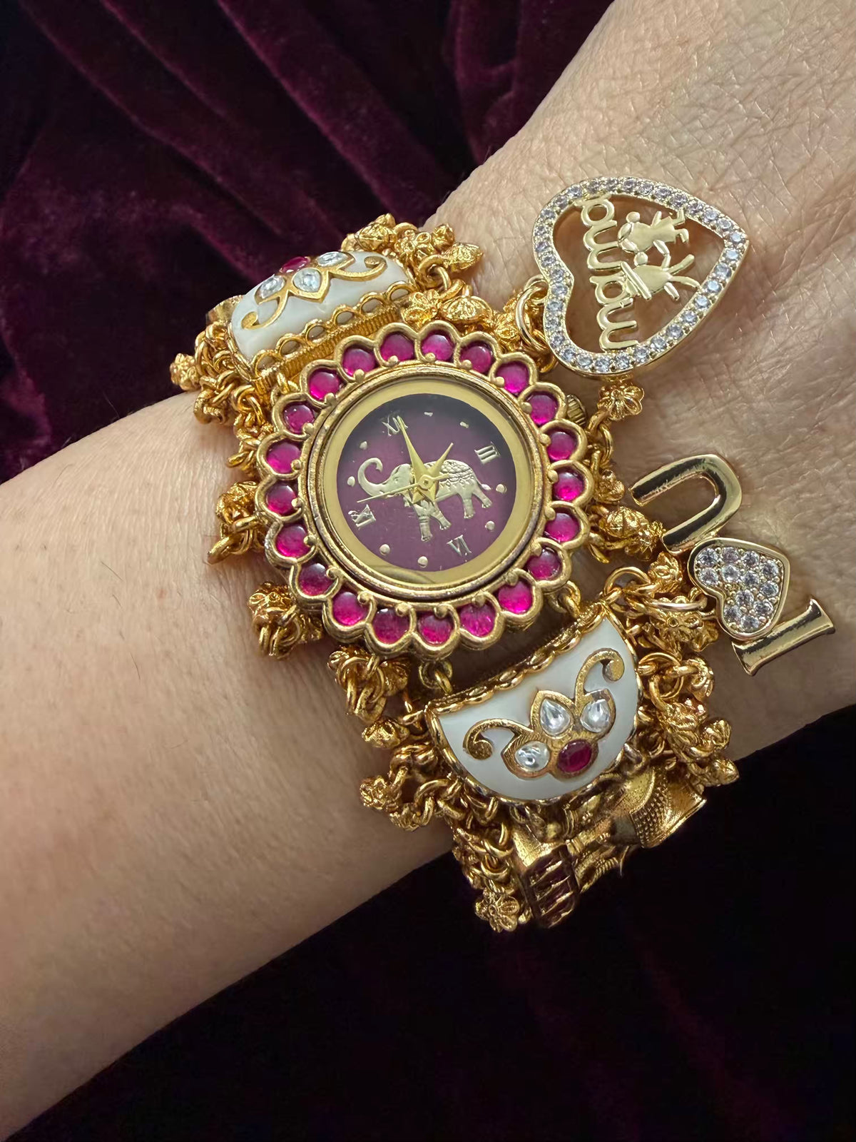 I Love You Mama Pink Stone Elephant Heritage Watch with Initials – Maharani Watch Bracelet