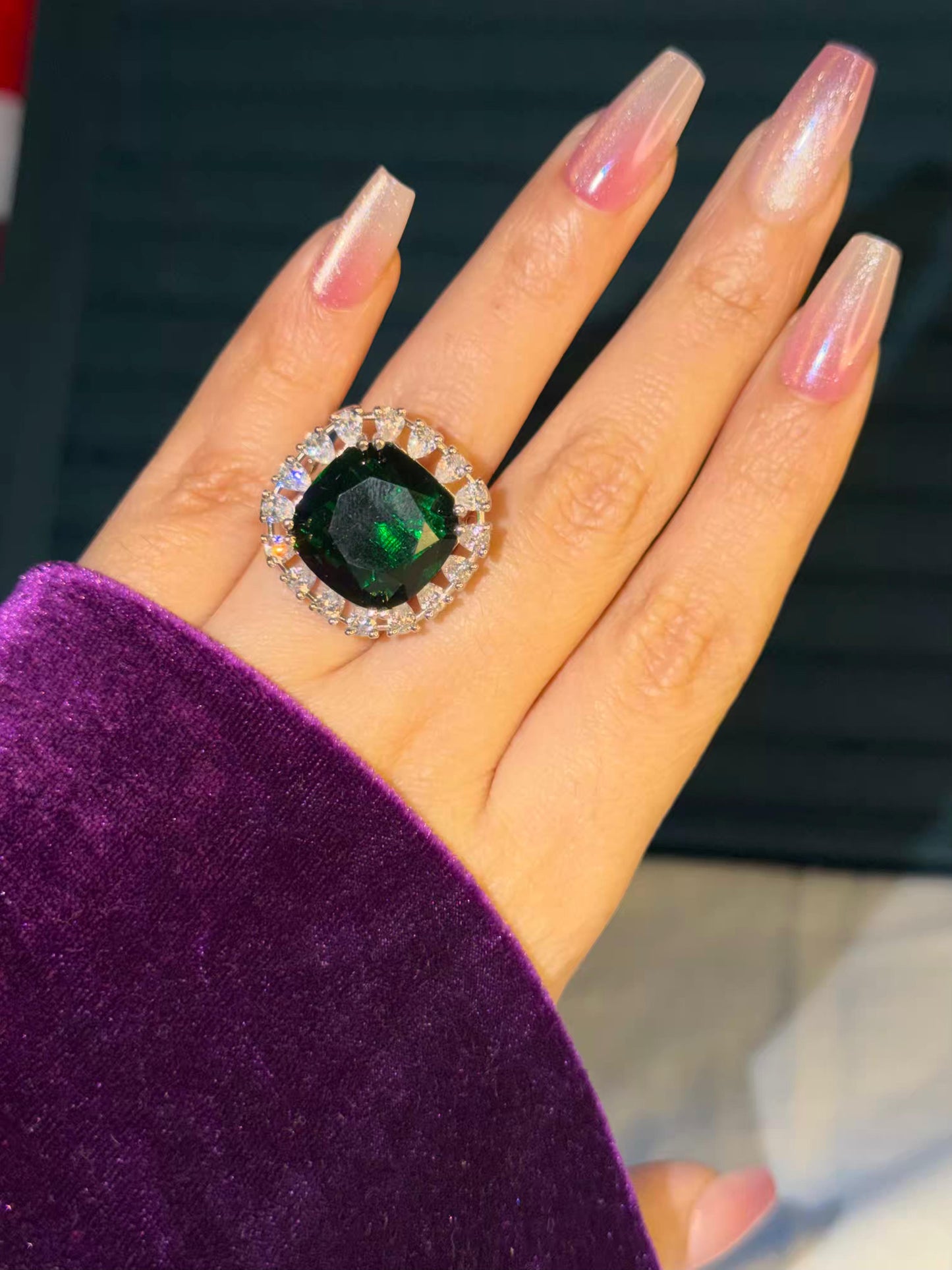 Emerald Statement Big Silver Plated Premium Ring (Adjustable)