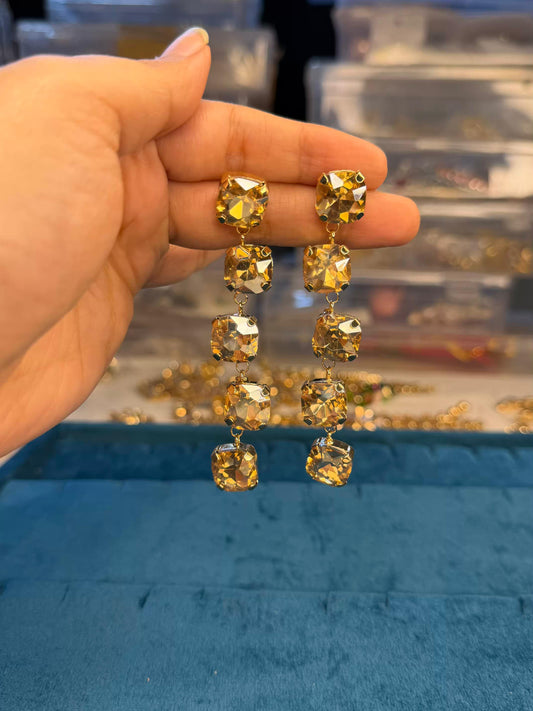 Traditional Yellow Diamond Long Gold Plated Earrings