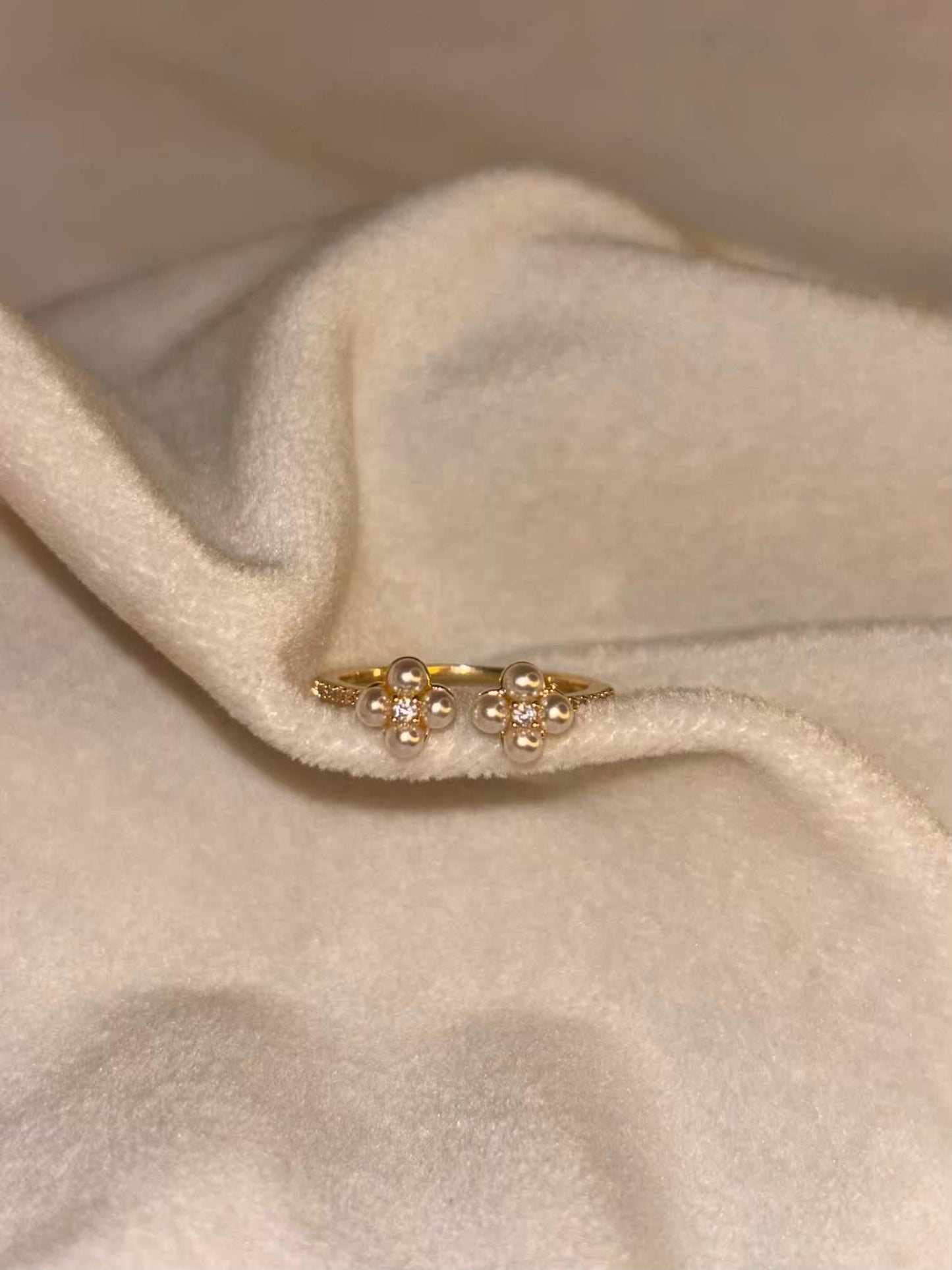 Double Pearl Clover Ring Gold Plated 18K Adjustable Ring