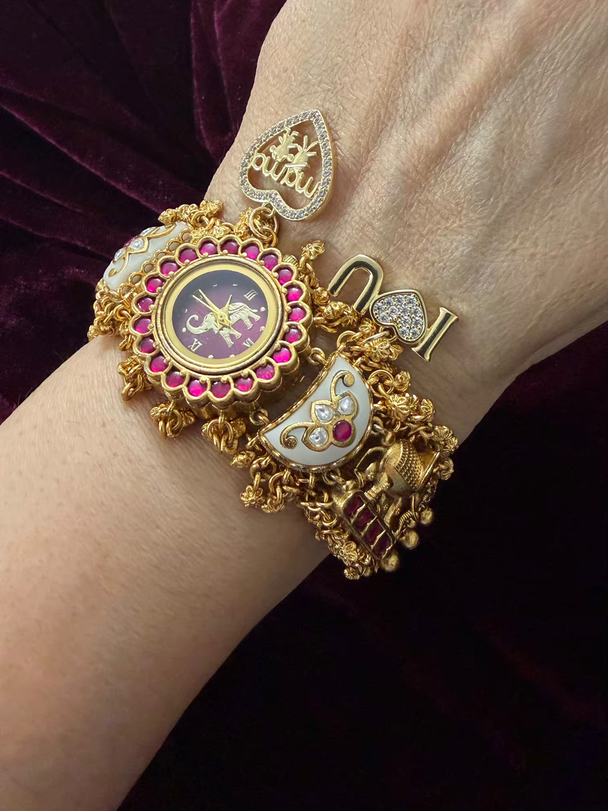I Love You Mama Pink Stone Elephant Heritage Watch with Initials – Maharani Watch Bracelet