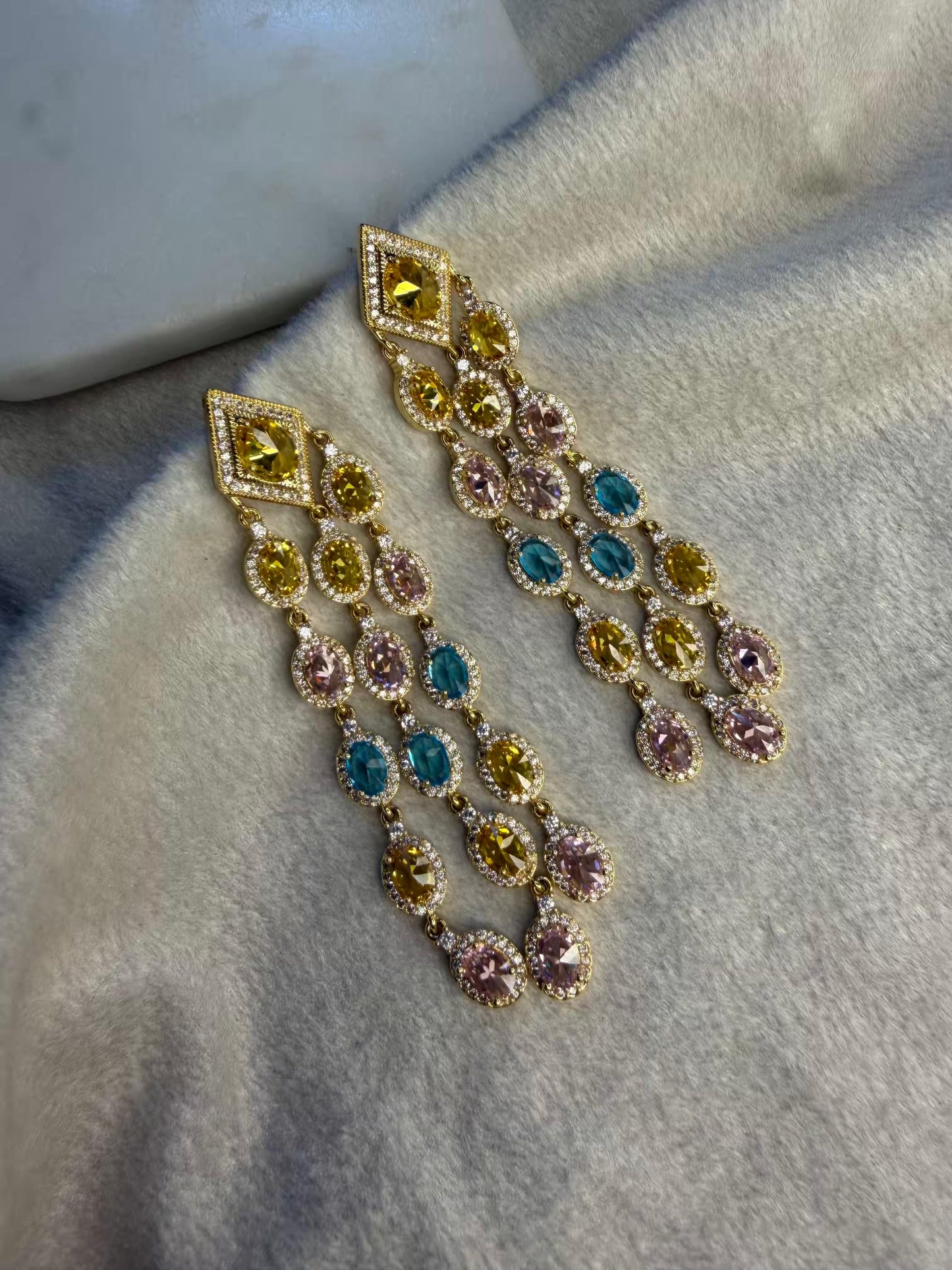 Aqua Blue & Blush Pink Cascade Luxury Party Wedding Rhodium Gold Plating Earrings