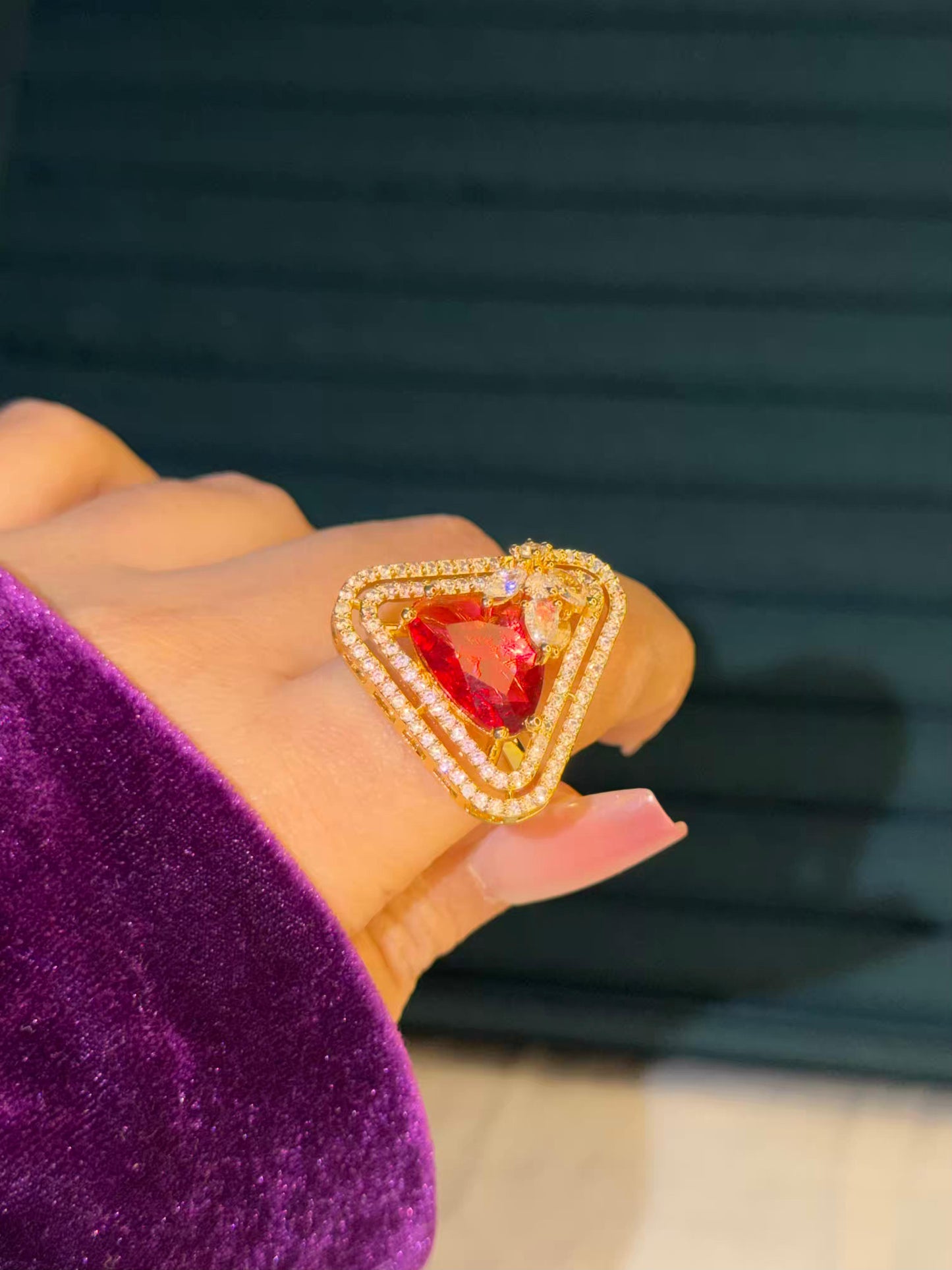 Red Triangle Stone Gold Plated Premium Ring (Adjustable)