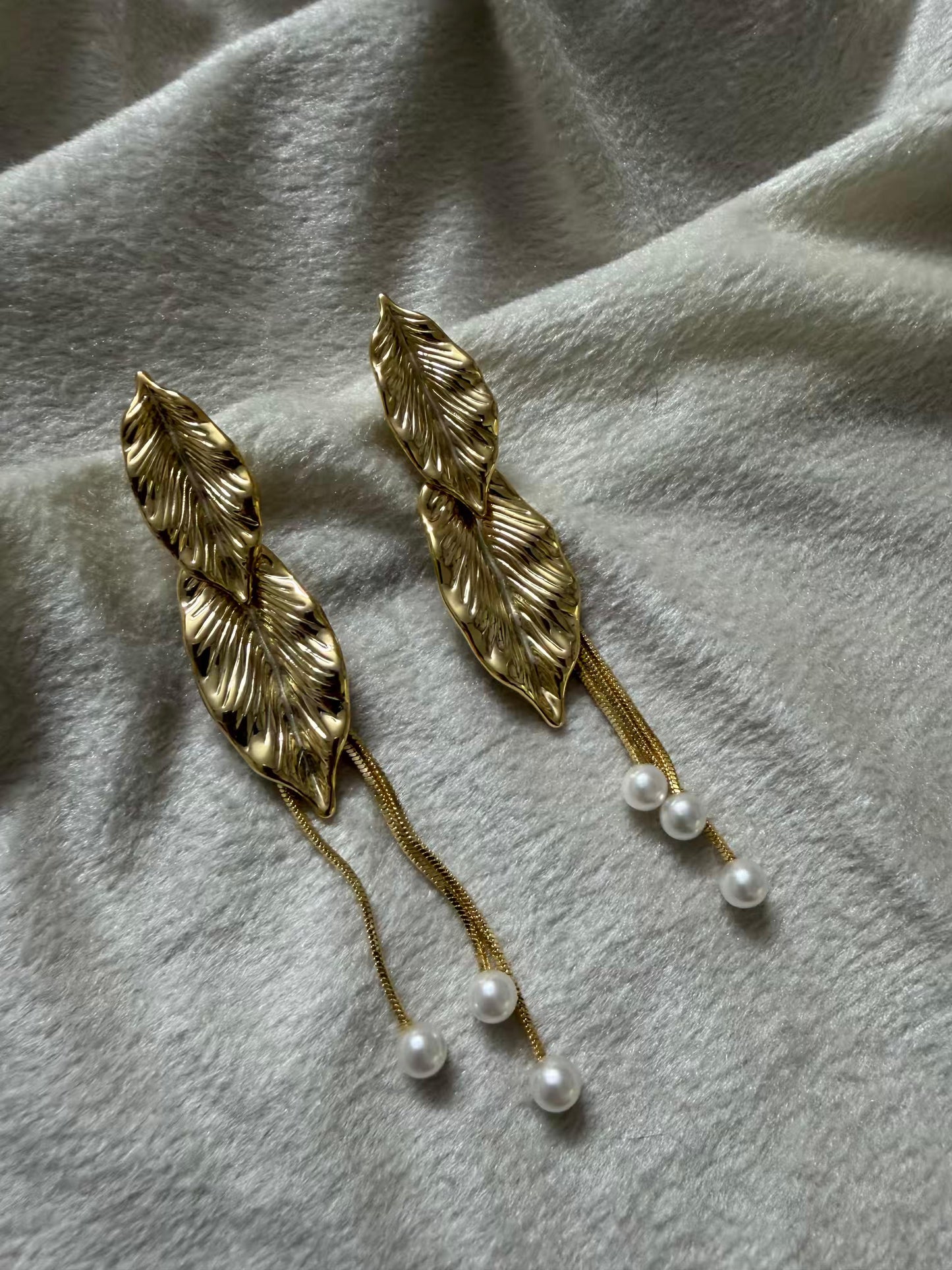 Leaf Pearl Dangle Gold Plated Earrings