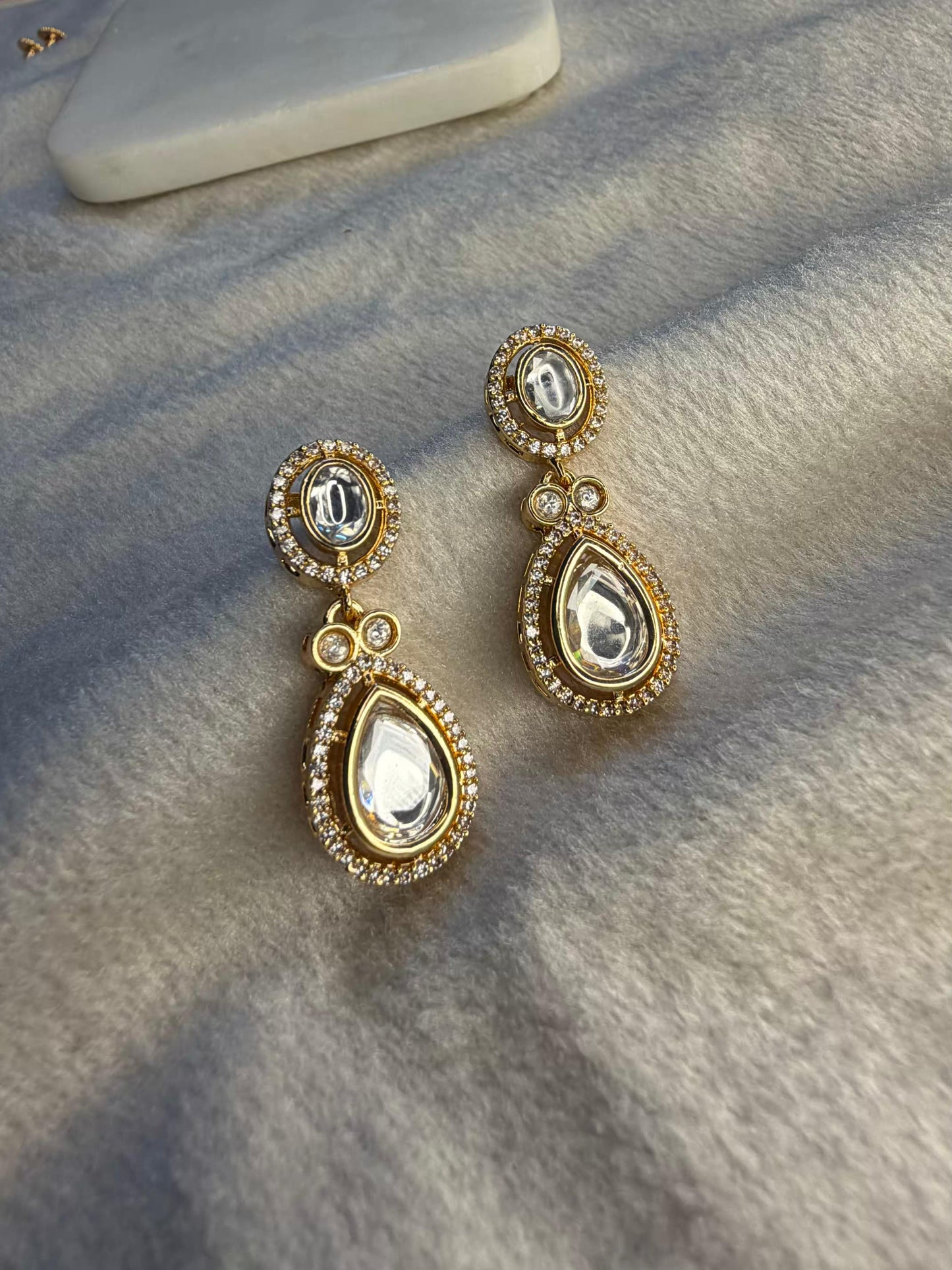 Classic Clear Kundan Drop Stud Gold Plated Earrings