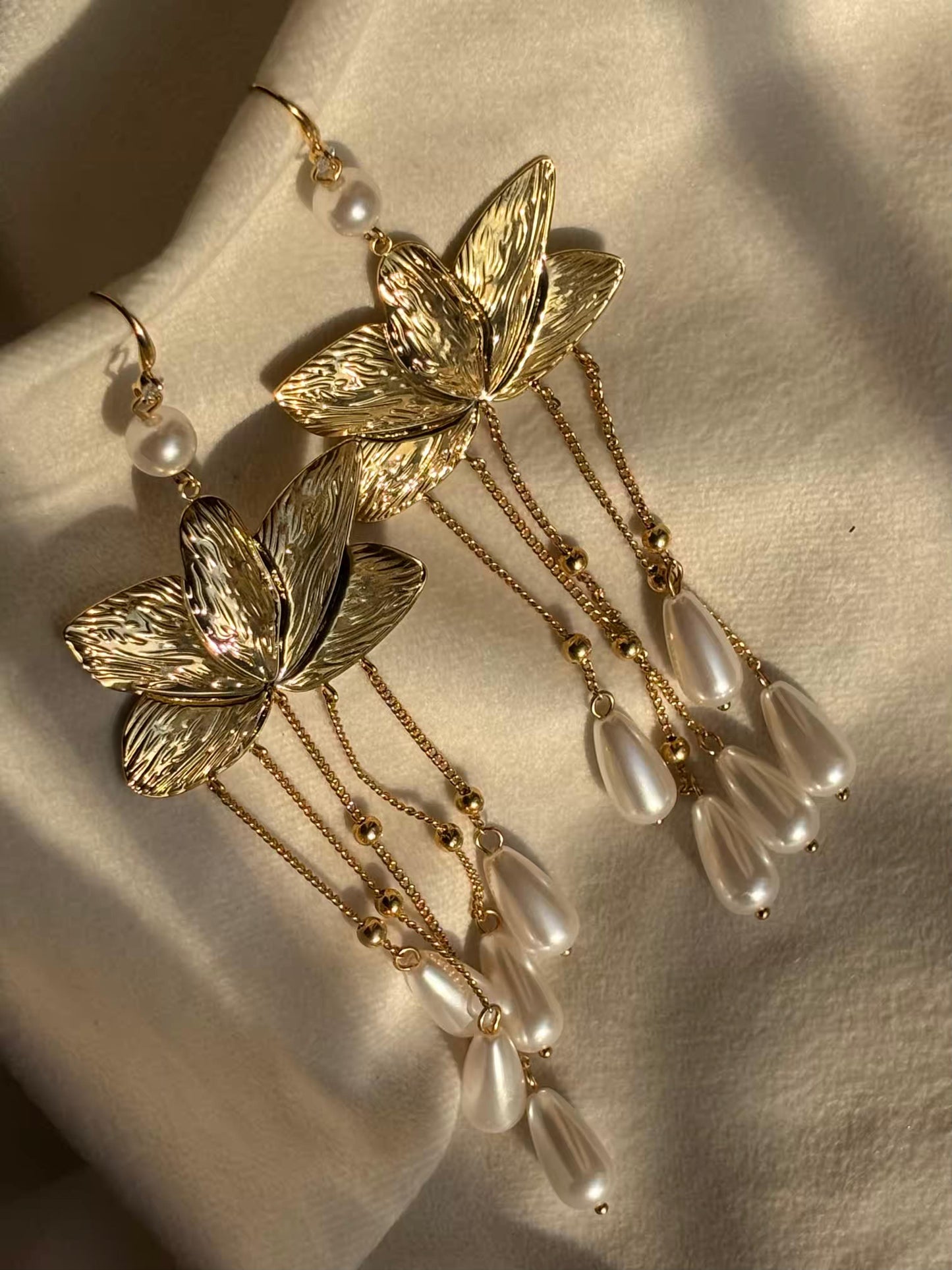 Lotus Pearl Dangles Studds Earrings 18K Gold Plated Premium Earrings