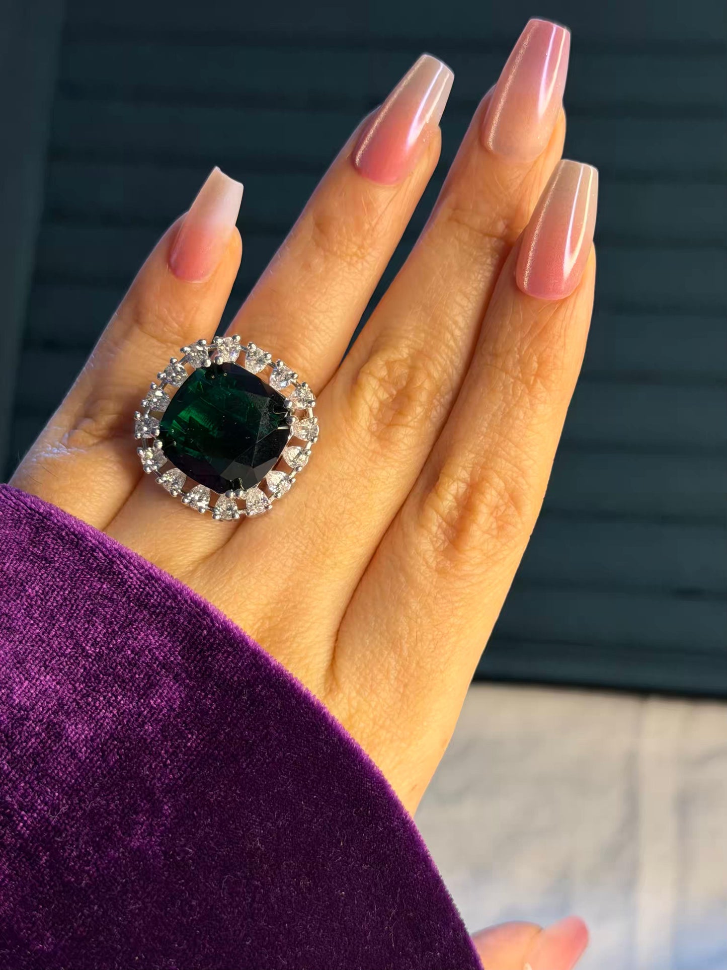 Emerald Statement Big Silver Plated Premium Ring (Adjustable)