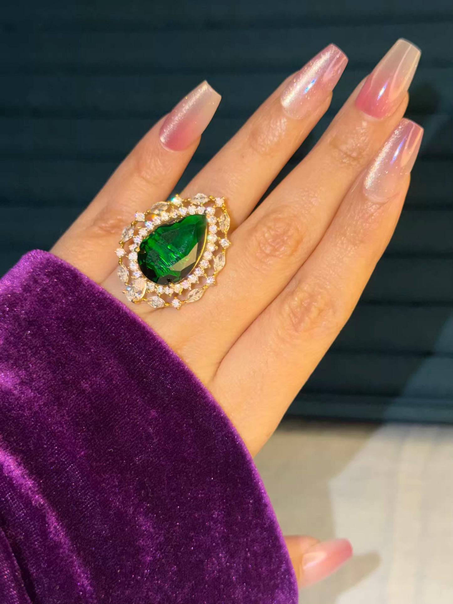 Emerald Green Stone Diamond Edge Gold Plated Premium Ring (Adjustable)