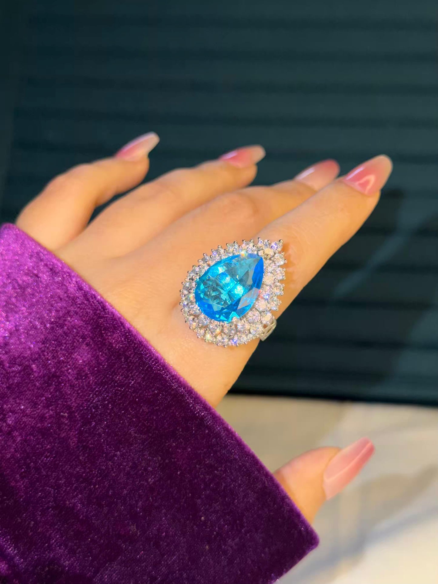 Blue Serene Majesty Silver Plated Premium Ring (Adjustable)