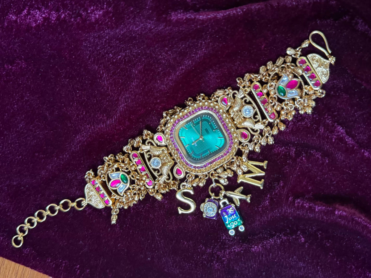 Emerald Green Stone Pink Halo Square Dial Maharani Watch Bracelet