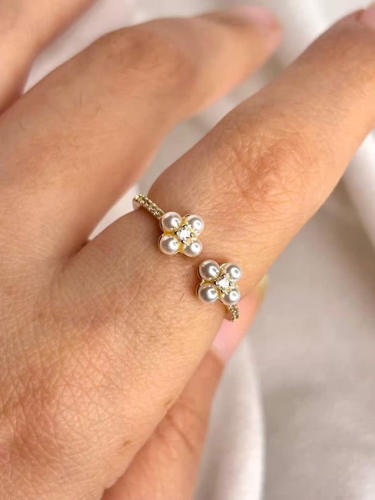 Double Pearl Clover Ring Gold Plated 18K Adjustable Ring