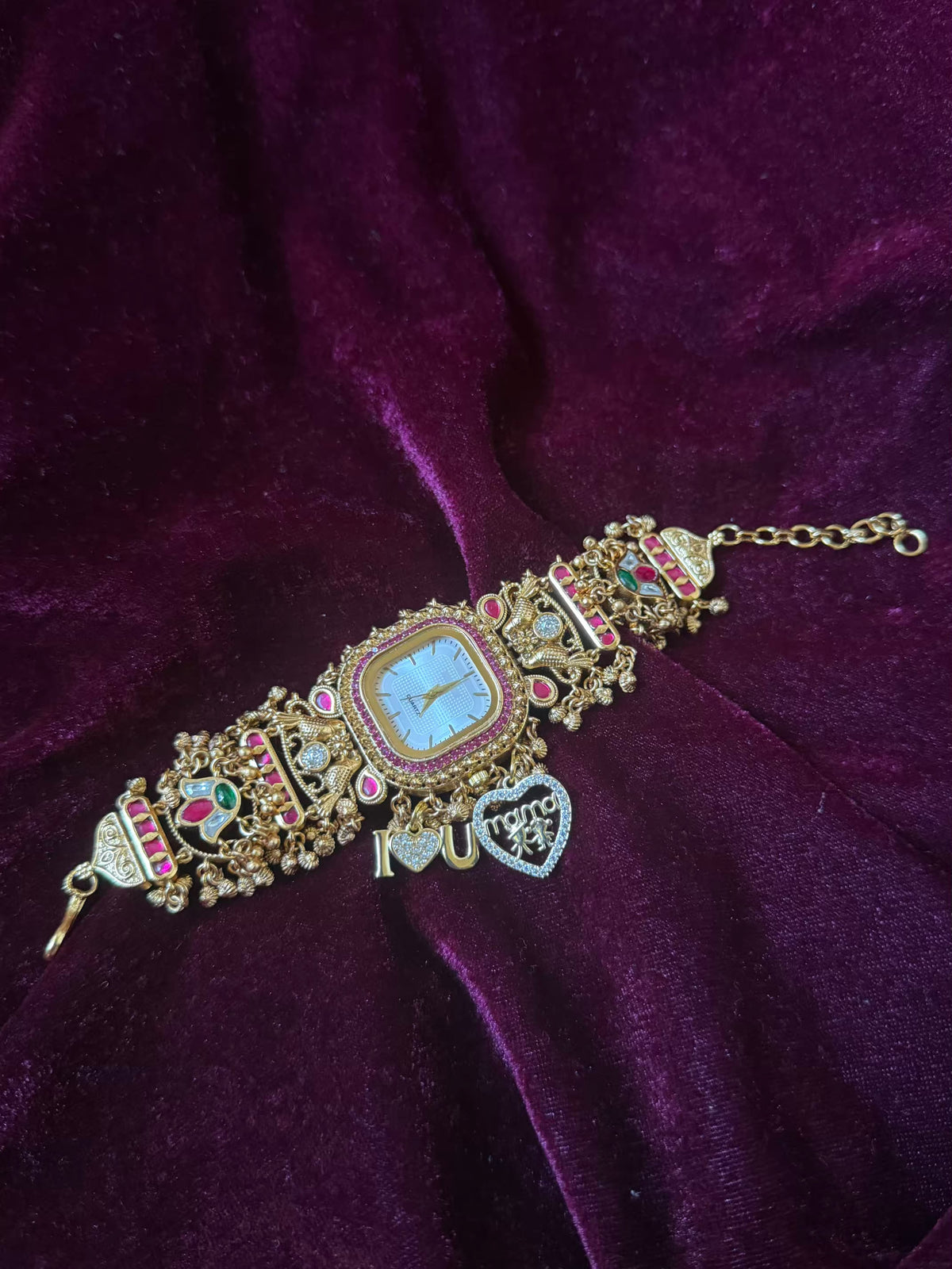 I  Love You Maharani Square Dial Heritage Watch Bracelet in Premium Swarovski – Gold & Ruby Pink