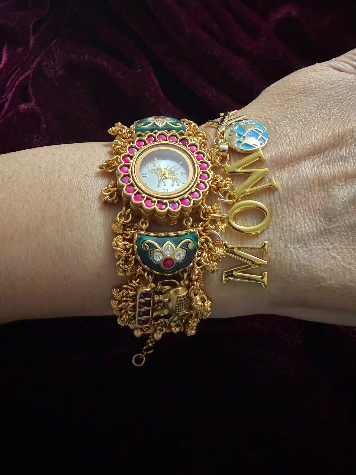 I Love You Mom White Dial Pink Stone Elephant Charm Emerald Green Heritage Maharani Watch Bracelet