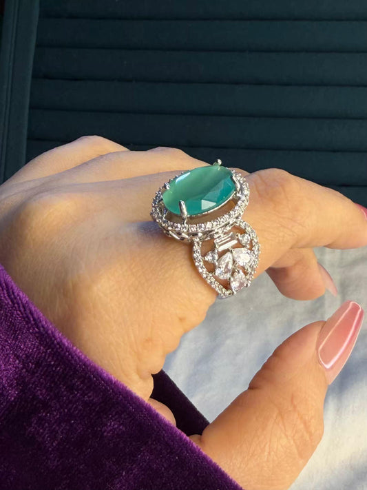 Pastel Green Empress Silver Plated Premium Ring (Adjustable)