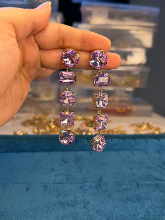 Purple Colour Diamond Long Gold Plated Earrings