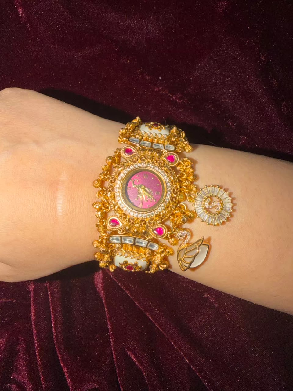Swan S Burgundy Elephant Heritage Watch Rakhi in Premium Swarovski (Free Initial)