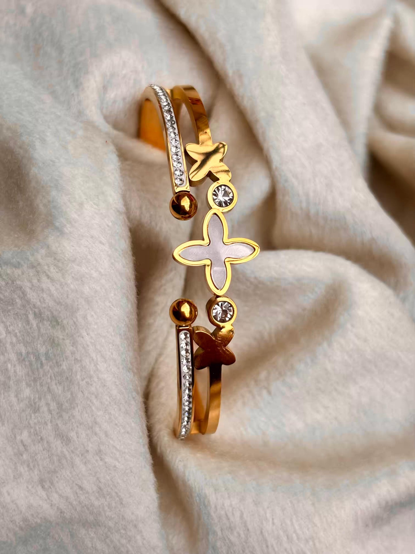 For Thin Wrist White Studded Clover Bangle 18K Gold plated Premium Bangle 2.2 - 2.4 Size