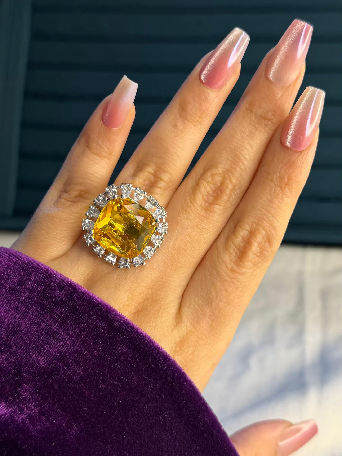 Golden Square Big Statement Silver Plated Premium Ring (Adjustable)