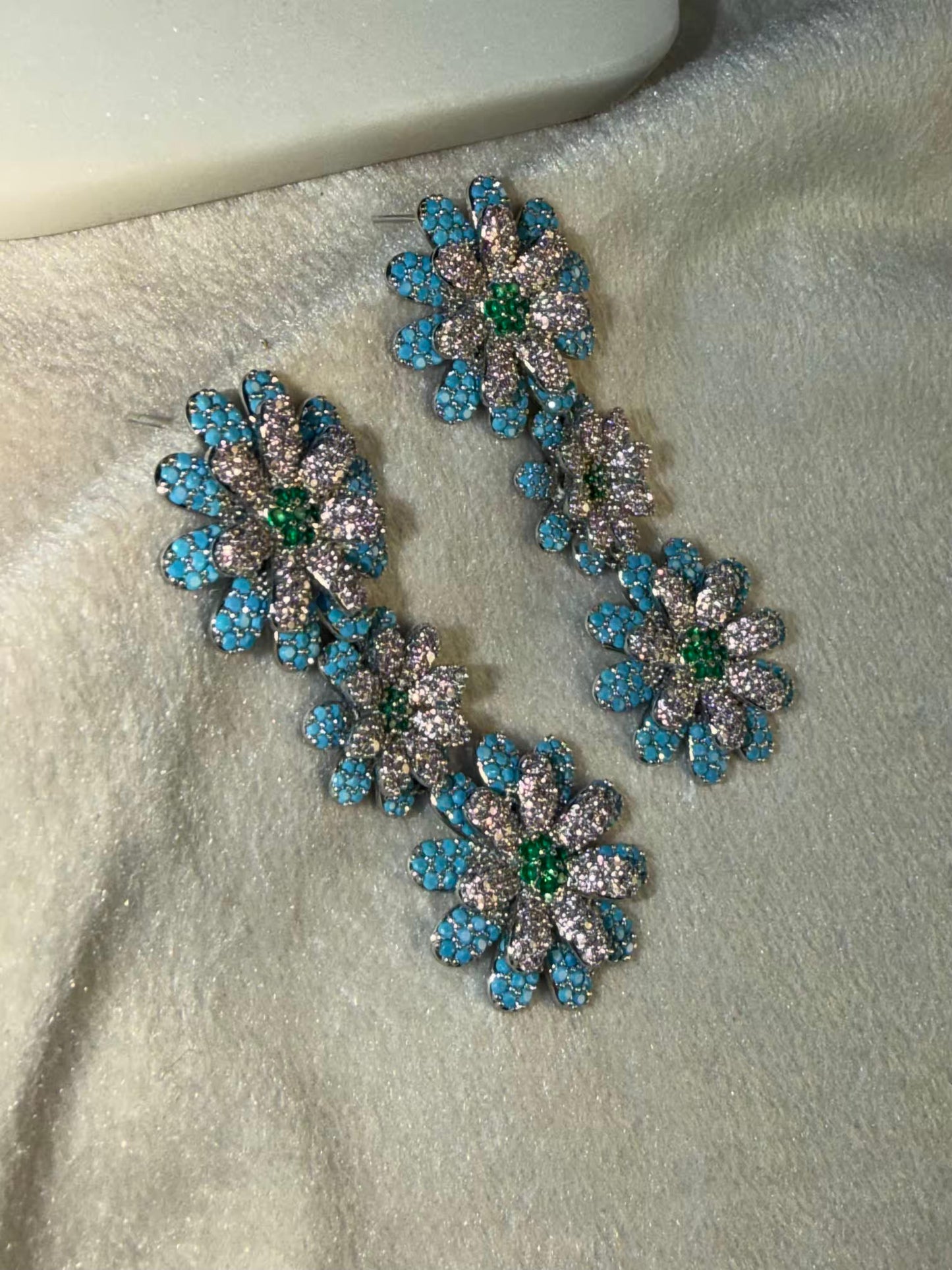 Aqua And White Floral Luxury Party Wedding Rhodium Silver Plating Earrings